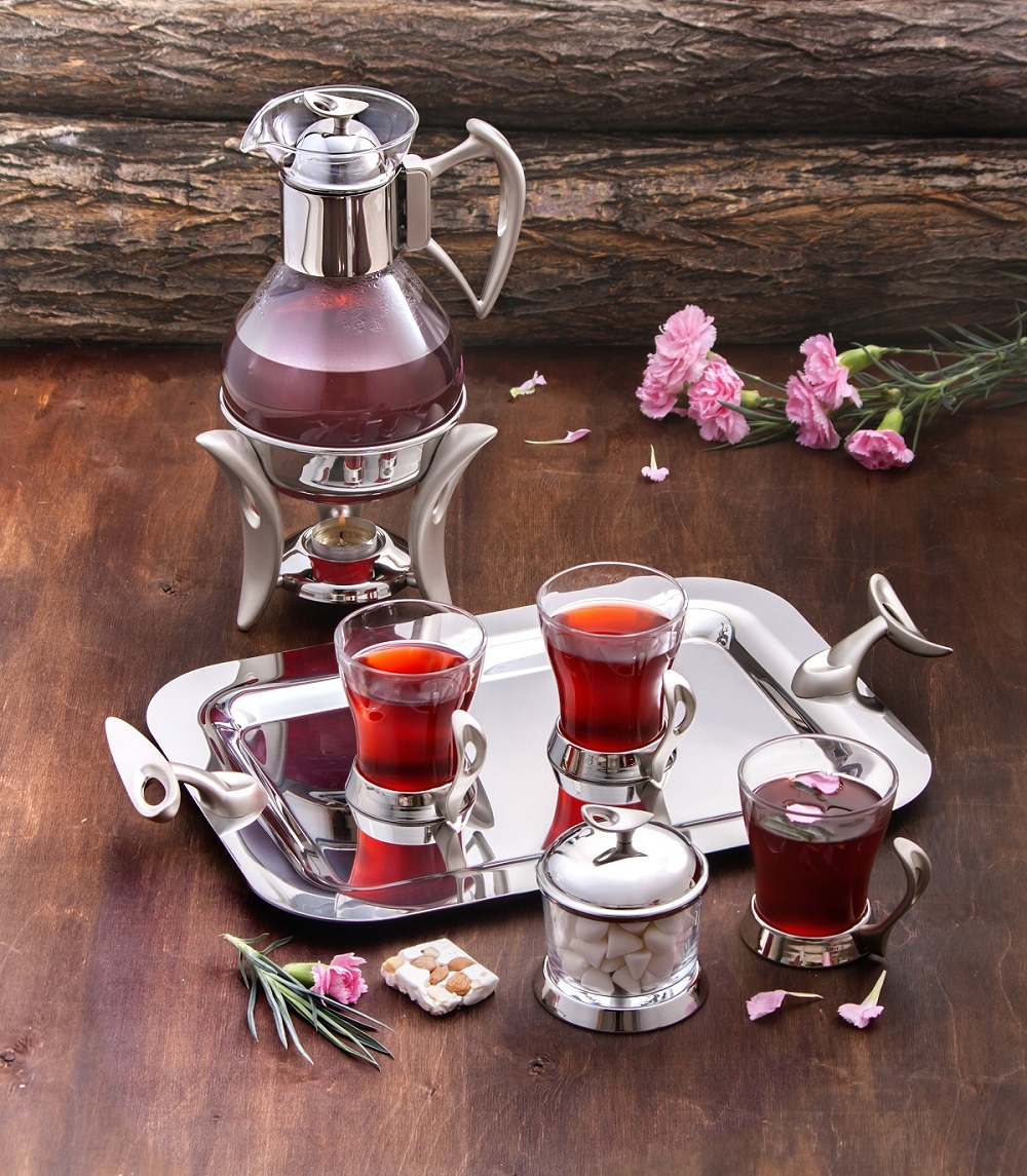 Elegant set i rostfritt - Glögg-/ och tekanna med glas, bricka och sockerskål för lyxig servering | MAT STEEL